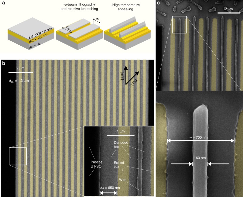 Fabrication diagram and electron micrographs of long single-crystal silicon nanowire arrays
