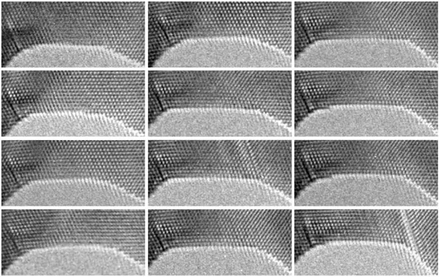 Twelve sequential atomic-resolution TEM frames showing steps migrating along a silver nanowire